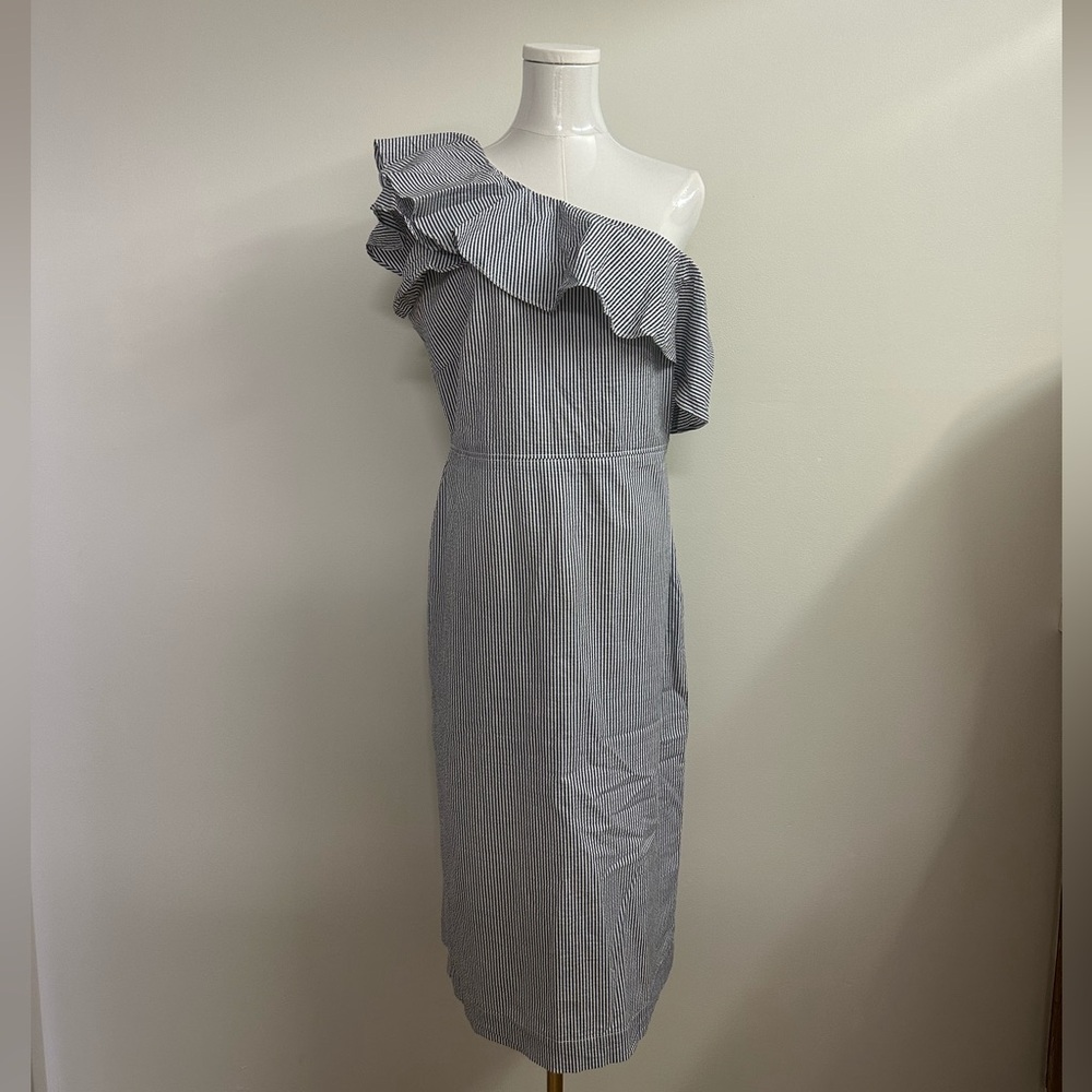 Banana Republic One-Shoulder Seersucker Ruffle Dress